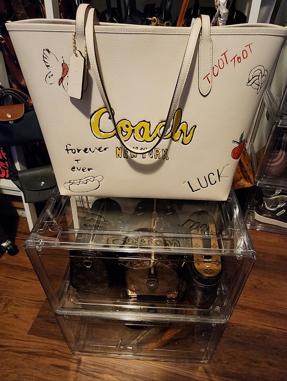Coach White Leather Graphic Tote with Yellow Logo - Picture 9 of 12